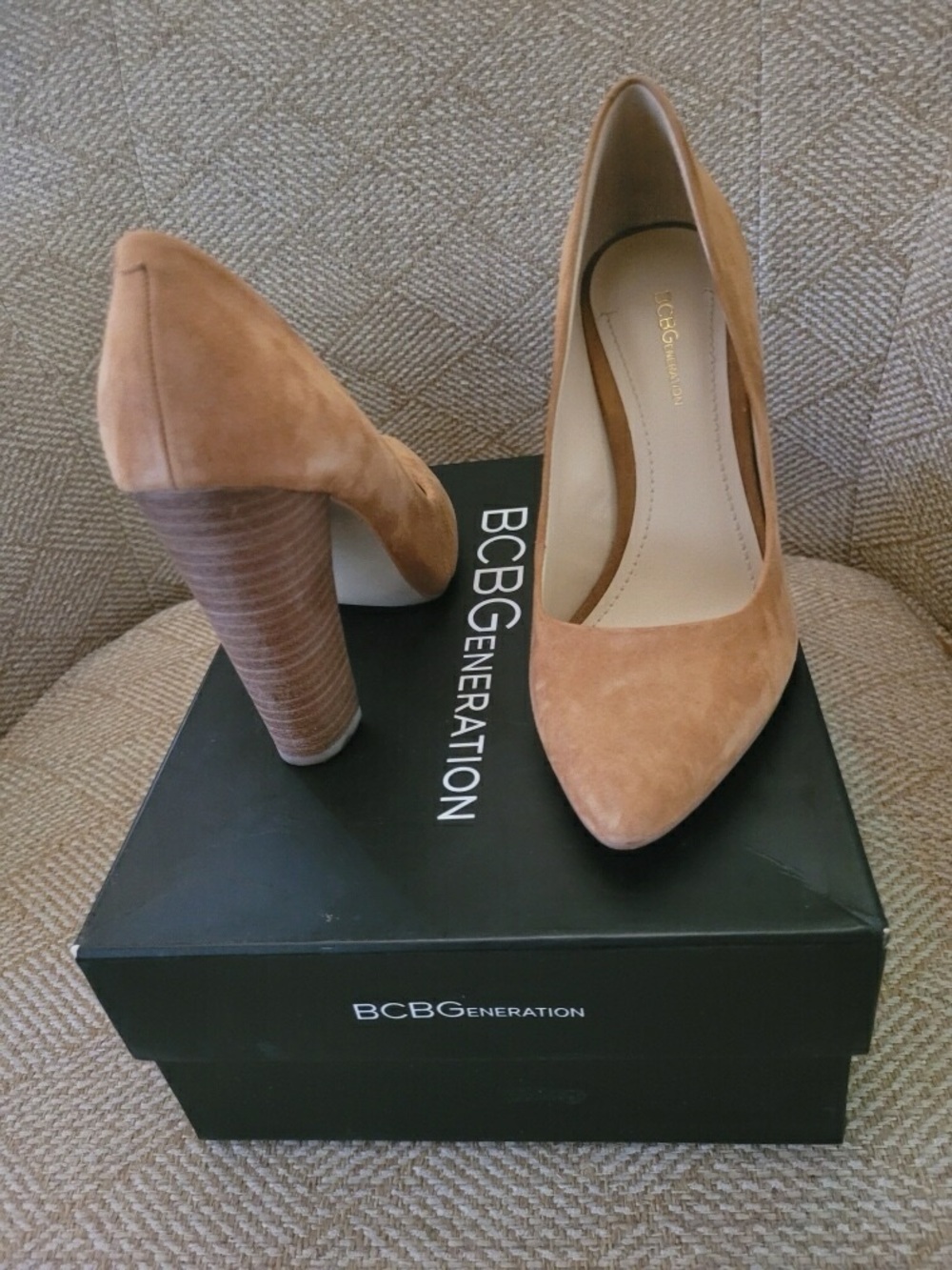 BCBGeneration Tan Suede Pointed Block Heel Pumps